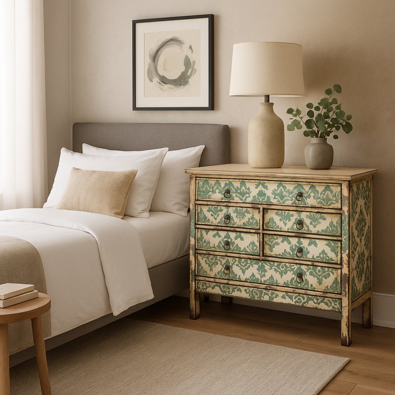 Commode Fleurs vert d'eau