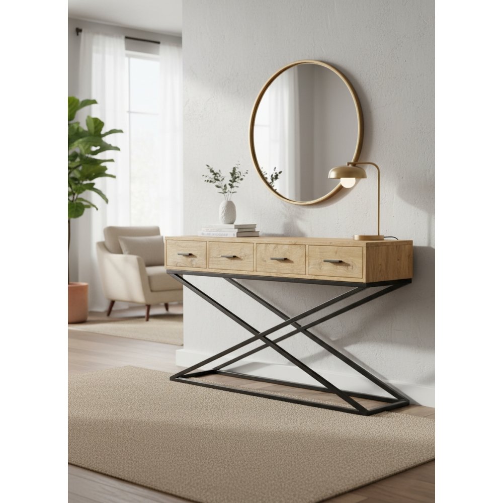 Console teck 4 tiroirs pieds X | L'Empreinte - Consoles